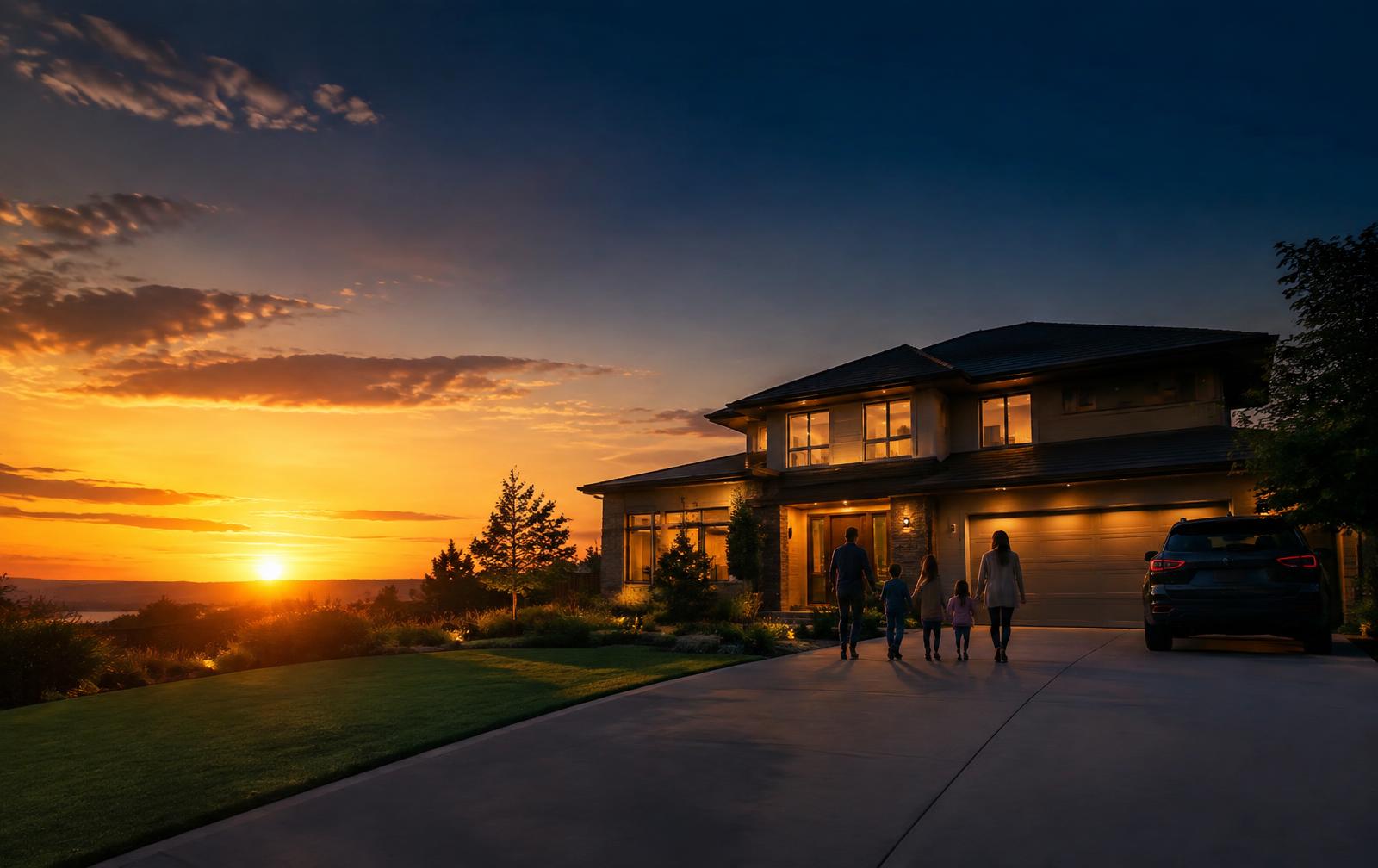 Family arriving home at sunset, protected by Gladiators Insurance